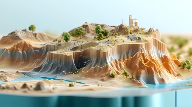 3D geological cross section model with layered terrain mountains rivers trees and buildings Glowing lines depict