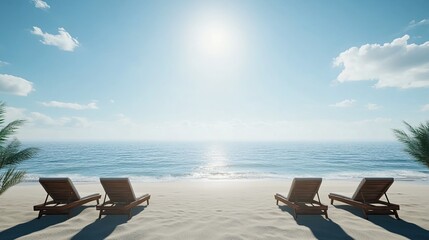 Tranquil beach scene with lounge chairs, sunny sky, ocean view, ideal for travel brochures.