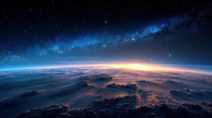 Planet surface viewed from space at sunrise with starry night sky.