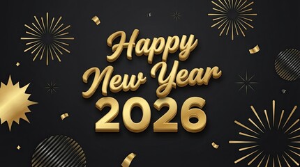 Happy new year 2026 decorated with golden fireworks and confetti celebration.