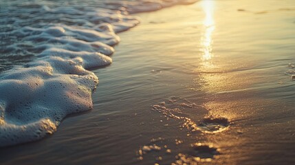 Ocean wave foam on sunset beach sand. Use travel brochure.