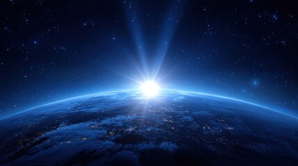 Fototapeta premium Earth sunrise view from space above dark surface and stars