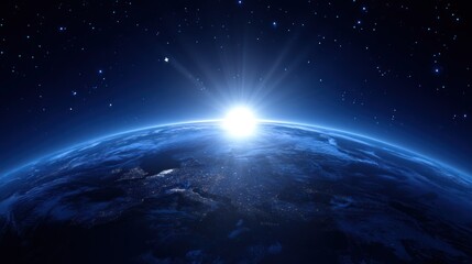 Earth seen from space during a bright sunrise over dark continents.