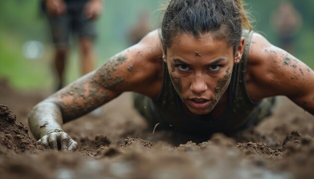 Determined young woman crawls through mud on extreme obstacle course. Face covered in dirt, showing intense focus, strength, pure grit. Pushes body limits in challenging race event, athlete competing.