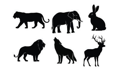 Silhouette collection of wild animals tiger elephant rabbit lion wolf deer