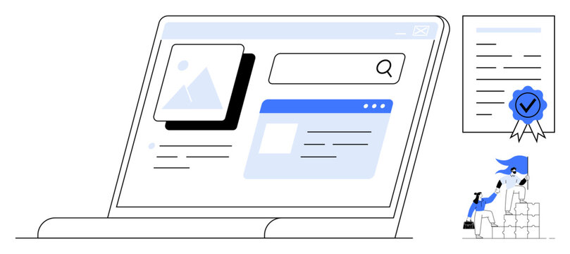 Laptop interface showcasing search bar and media elements. Professional adjusts platform, certificate nearby. Ideal for SEO, digital marketing, web development, expertise, certifications, e-learning