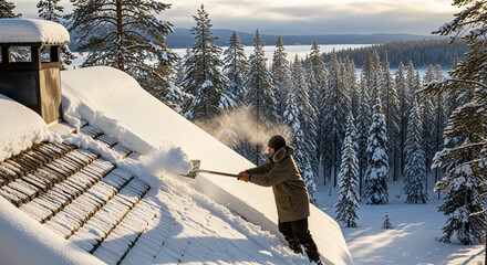 Person shoveling roof man clearing heavy snow from steep cabin roof with shovel in conifer forest mountains at winter sunset, hard physical work, home safety, maintenance and rural life