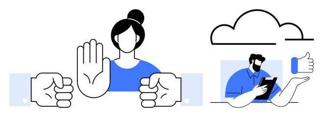Woman stopping aggression with open palm gesture, man reviewing feedback on tablet, concept of conflict management. Ideal for teamwork, social skills, behavior moderation, workplace harmony