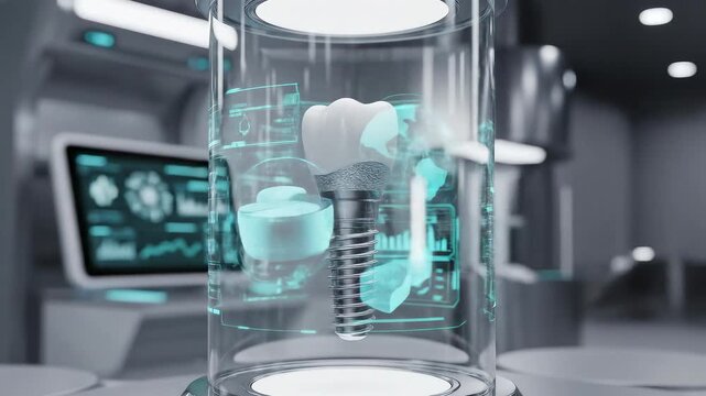 Advanced dental implant under analysis within a futuristic glass tube surrounded by vibrant cyan holographic diagnostic information and medical graphs