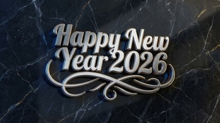 Shiny happy new year 2026 text on dark marble surface.