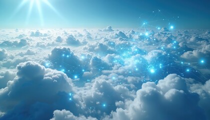 Abstract network grid overlays fluffy clouds under bright sky. Digital data points connect in global cyberspace. Futuristic concept for online services and connectivity.