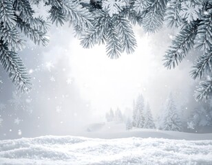 A snowy winter landscape scene with a festive Christmas pine tree under a cold blue sky