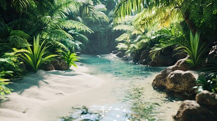 Tropical stream flows through lush jungle; sunlight filters through leaves; ideal for travel brochures.