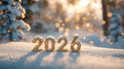 A beautiful winter scene featuring the year 2026 in shiny gold numbers resting on snowy ground, surrounded by soft sparkling snowflakes and blurred trees, perfect for New Year's celebration themes,
