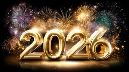 A vibrant and festive scene showcasing gold numbers 2026 against a backdrop of colorful fireworks, suitable for New Year celebrations, event promotions, or party invitations,