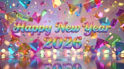 Bright new year 2026 celebration with colorful confetti and falling gems.
