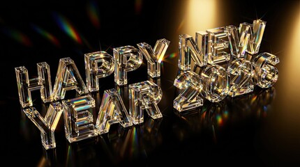 Crystal letters spell happy new year 2026 with sparkling light effects.