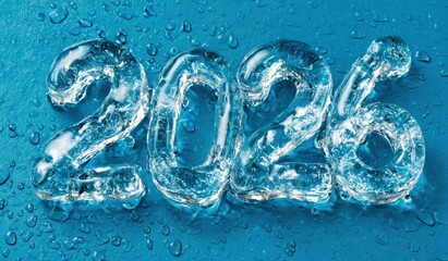Transparent ice numbers 2026 rest on a blue surface, glistening with water droplets, Ideal for New Year celebrations, promotions, or seasonal marketing campaigns,