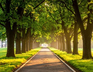 A path stretches away into the distance beneath an arcade of trees in golden sunlight