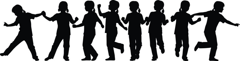 Child dance silhouette sequence, ponytail girl, black on white, movement icon, expressive posture, physical activity, animation reference, casual clothing