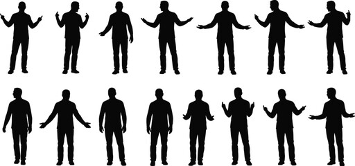 Standing silhouette gesture set, arm and hand variations, black on white, posture icon, body language, expressive pose, animation reference
