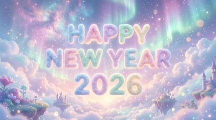 Happy new year 2026 celebration with dreamy sky and floating islands.