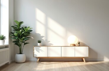 Fototapeta premium Minimalist room with clean white walls, light wooden floor features large green plant in pot. Sunlight streams through window, casting long shadows. Modern wooden sideboard holds glowing round lamp,