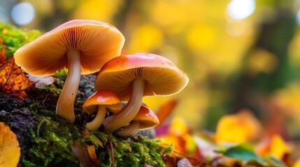 Three orange mushrooms growing on green moss in forest with blurred yellow leaves during autumn season for fungus and nature enthusiasts 200 character title
