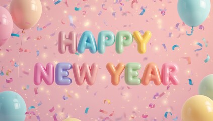 Happy new year 3D text with colorful bubble letters, confetti, and balloons on a vibrant pink background