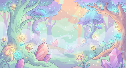 A vibrant display of soft pastel colors, blending hues of lilac, mint green, baby blue, and warm gold. An ethereal and serene fantasy background that captures a calm, dreamlike atmosphere.