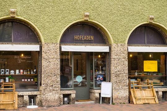 Munich,Germany-November 21,2025: A store window in the Borstei housing project in Munich,Germany