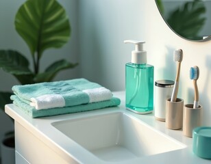 Clean bathroom counter with sink, towels, soap dispenser and toothbrushes. Modern hygiene items arranged for daily routine. Fresh oral care products create organized space.