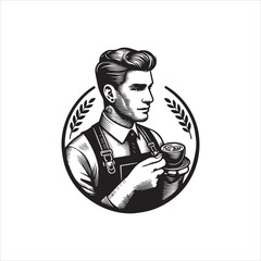 Elegant Barista Vector Logo Illustration with Coffee Cup and Wheat Accents