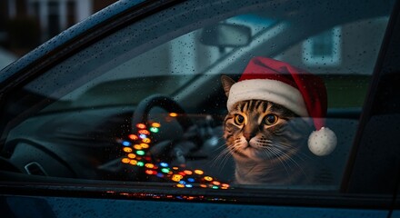 Adorable tabby cat in santa hat looking through car window