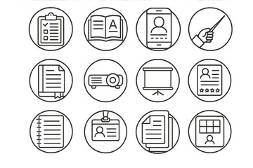 Teacher Tools Icons. Line style round icons of teacher tools: lesson plan, grading book, attendance app, pointer stick; syllabus