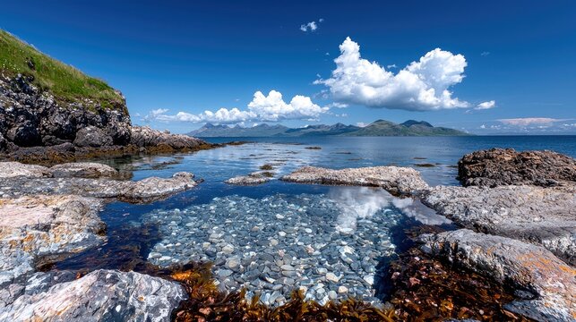 A clear, shallow tidal pool filled with smooth pebbles, set against a rugged, rocky coastline. The calm water reflects the bright blue sky and fluffy white clou