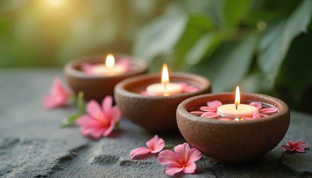 Three earthenware bowls hold lit candles with floating pink flower petals. Serene spa ambiance, ideal for meditation, relaxation, wellness promotion. Soft light filters through green leaves in