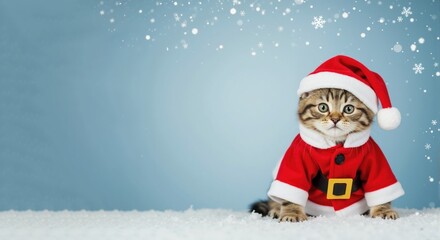 A cute tabby kitten in a red Santa Claus costume sitting in the snow. Adorable Scottish Fold cat celebrating the Christmas holiday. Winter pet banner with copy space for text