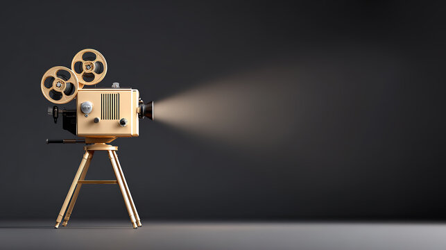 Gold cinematographer/film projector against a black background
