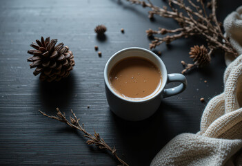 Cozy dark winter scene with warm coffee cup, pine cones, dried branches and soft knitted blanket creating a calm rustic atmosphere for seasonal lifestyle themes
