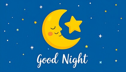 Fototapeta premium A cartoon crescent moon with a star, set against a dark blue sky sprinkled with sparkling stars