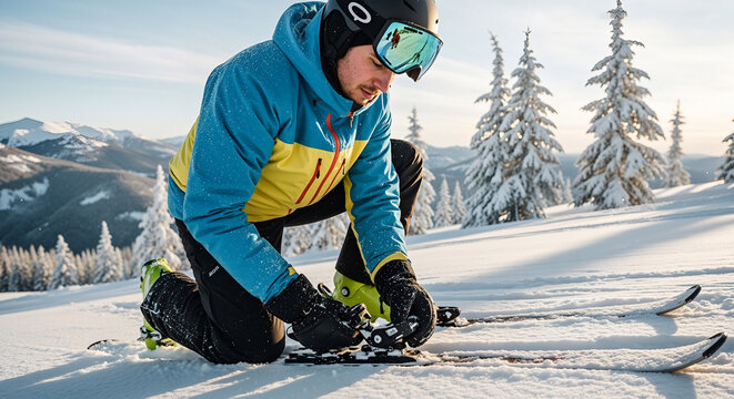 Skier adjusting bindings skier in bright jacket kneeling on snowy mountain slope and tightening ski bindings, safety check before descent,winter sports technique,preparation and responsibility concept