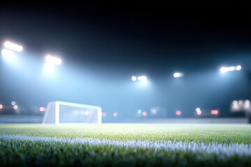 The empty football field and green grass at night
