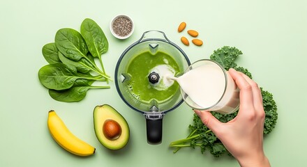 Hand pouring milk into blender with spinach avocado banana kale and chia seeds smoothie