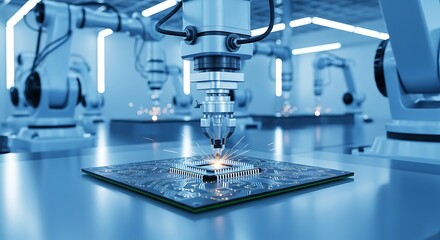 Obraz premium Robotic arm performing precision assembly on a microchip and circuit board in a modern factory, showcasing advanced technology and automation