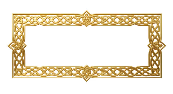 Ornate rectangular golden frame featuring intricate celtic knotwork design with decorative corner elements, isolated on transparent background for easy integration into various design projects