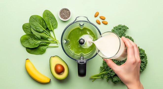 Hand pouring milk into blender with spinach avocado banana kale and chia seeds smoothie