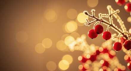 Frosted branch with red berries on a festive winter background. Christmas holiday decoration with golden bokeh lights. Seasonal concept with copy space for text