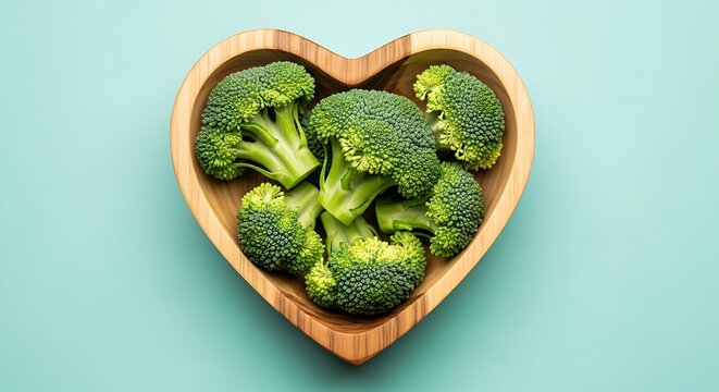Heart Shaped Bowl Filled with Broccoli Florets on Teal Background wooden