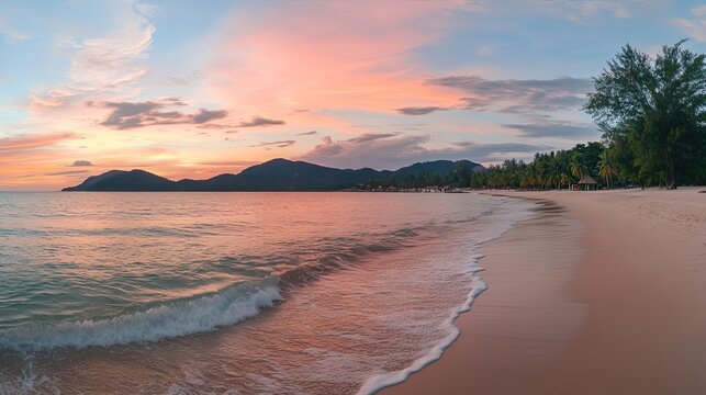 Tropical beach sunset panorama; calm ocean waves, sandy shore, palm trees; travel postcard.